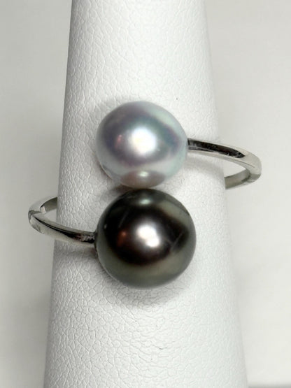 Tahitian and Blue Akoya Adjustable Solid Platinum Bypass Ring - NewLifeJewelryVault