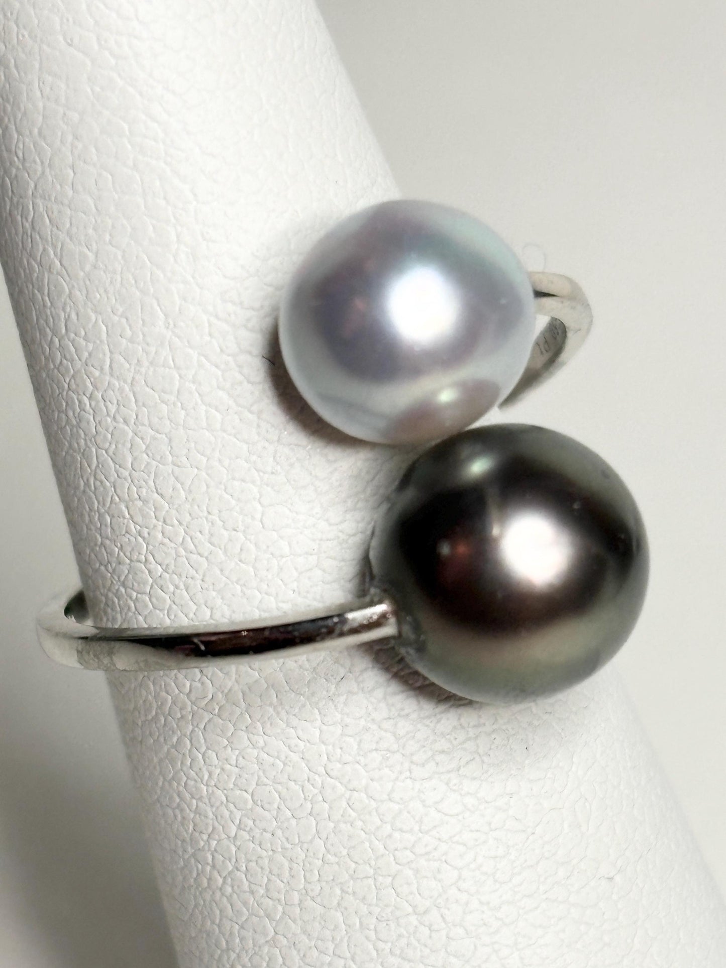 Tahitian and Blue Akoya Adjustable Solid Platinum Bypass Ring - NewLifeJewelryVault