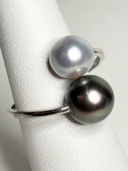 Tahitian and Blue Akoya Adjustable Solid Platinum Bypass Ring - NewLifeJewelryVault