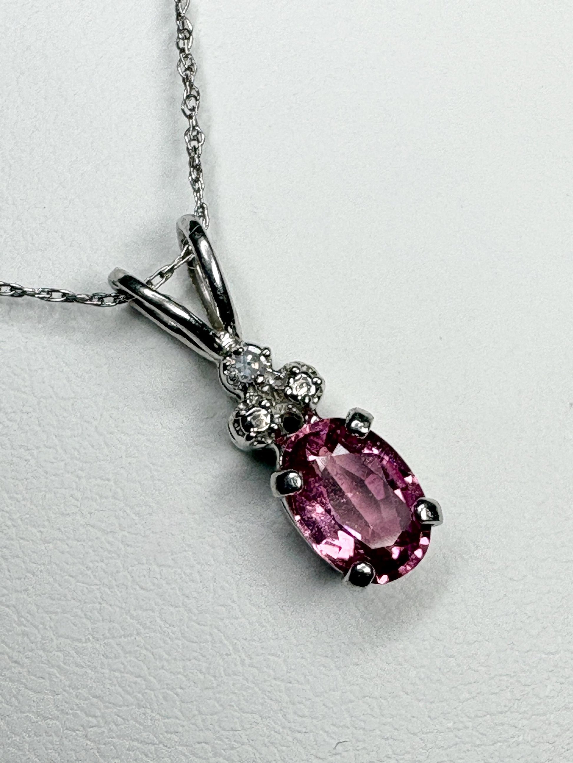 Pink Tourmaline and Diamond Pendant 14k White Gold on 10k Chain 18" - NewLifeJewelryVault