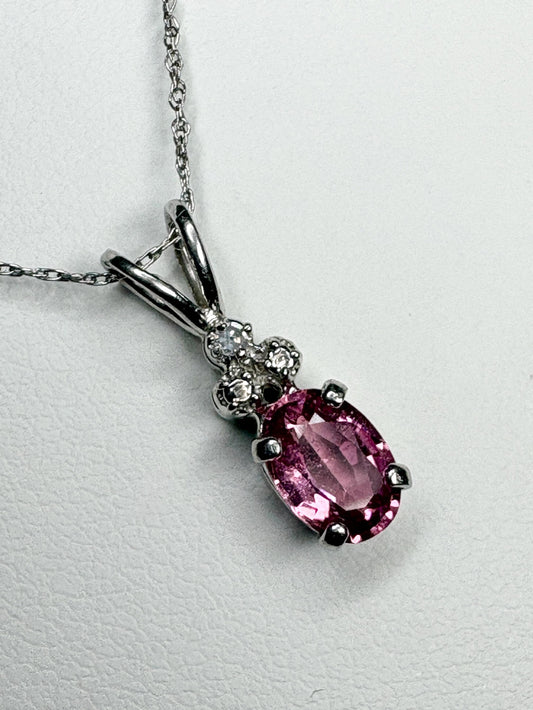 Pink Tourmaline and Diamond Pendant 14k White Gold on 10k Chain 18" - NewLifeJewelryVault