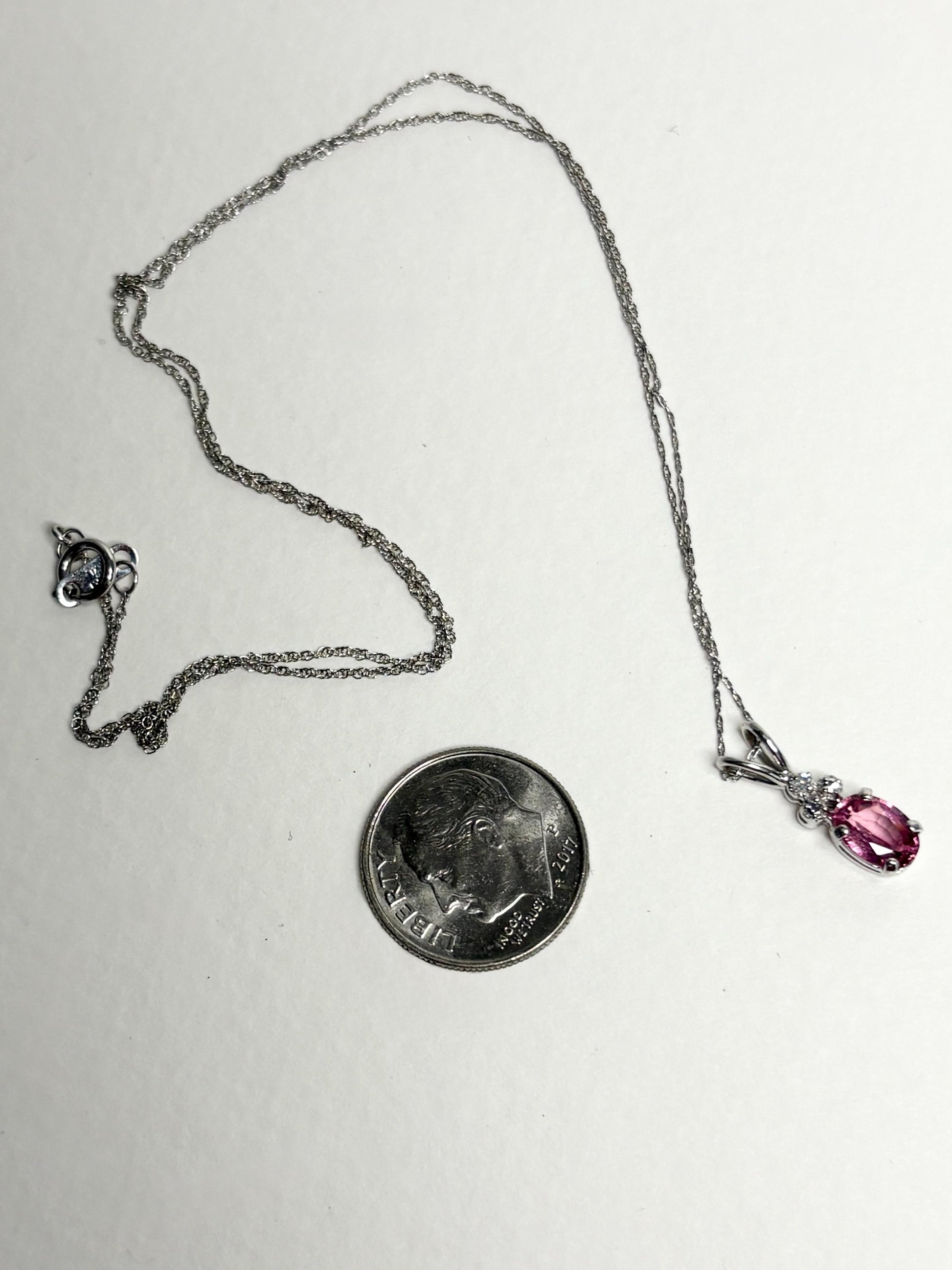 Pink Tourmaline and Diamond Pendant 14k White Gold on 10k Chain 18" - NewLifeJewelryVault