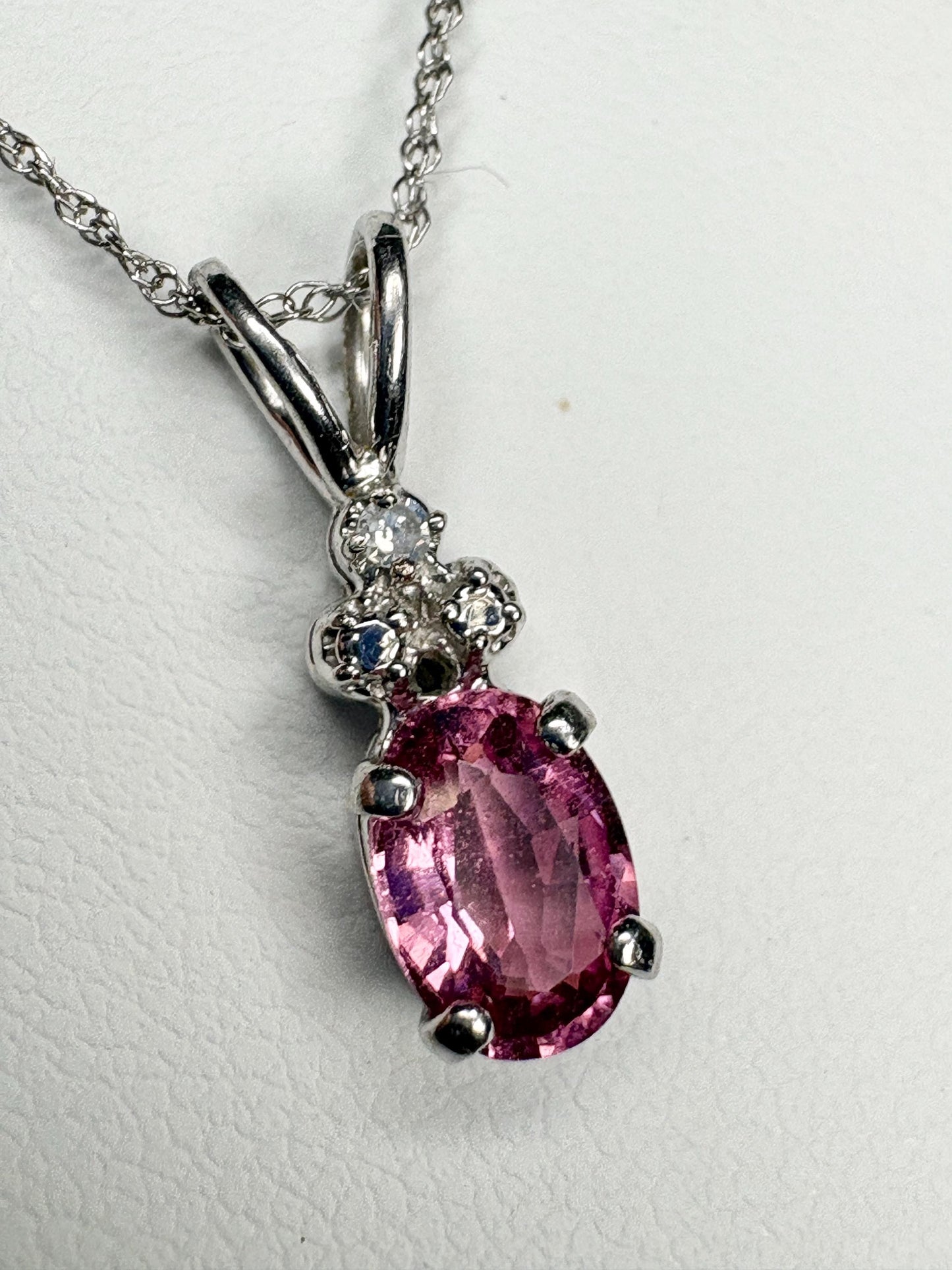 Pink Tourmaline and Diamond Pendant 14k White Gold on 10k Chain 18" - NewLifeJewelryVault