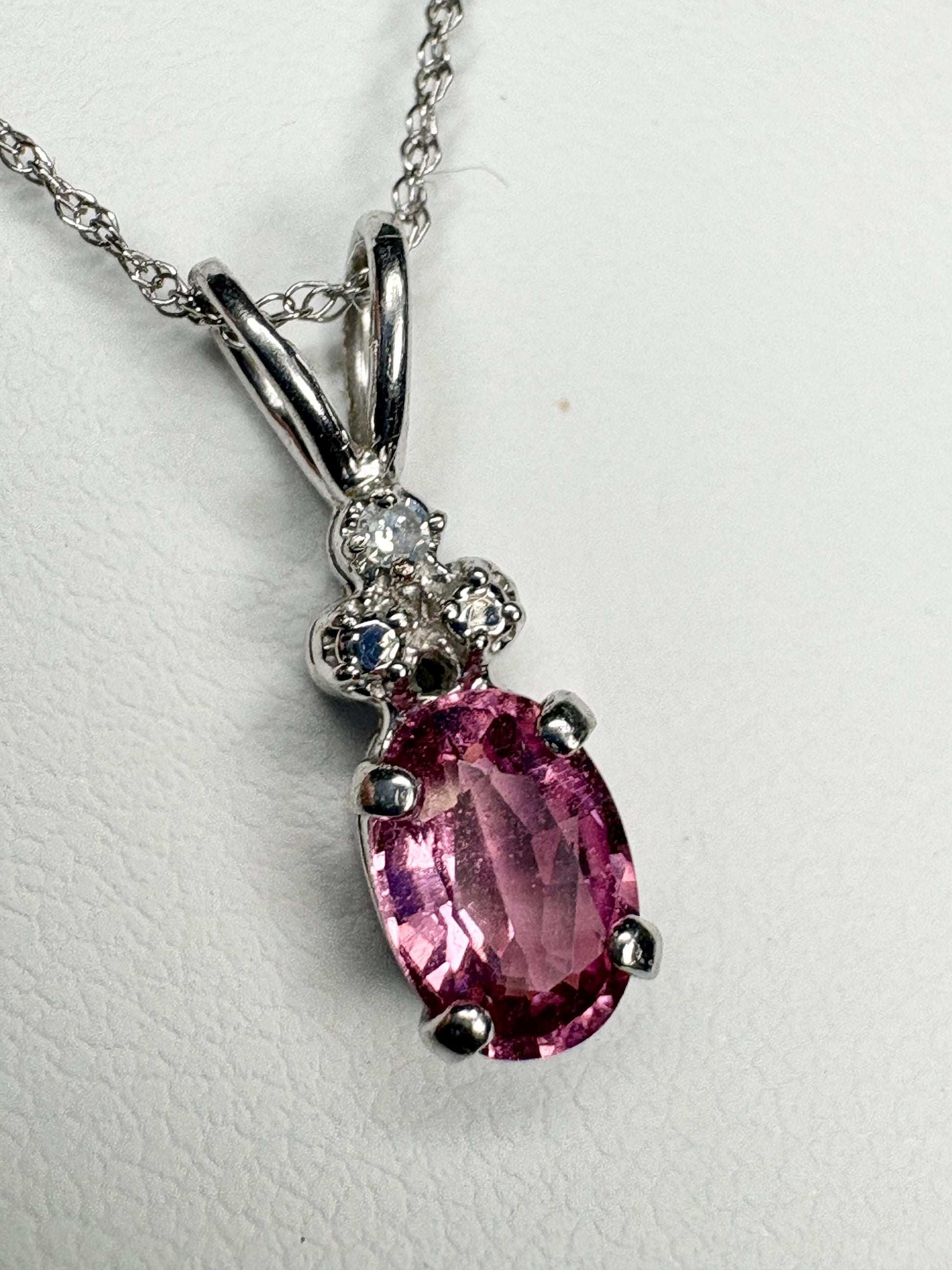 Pink Tourmaline and Diamond Pendant 14k White Gold on 10k Chain 18" - NewLifeJewelryVault