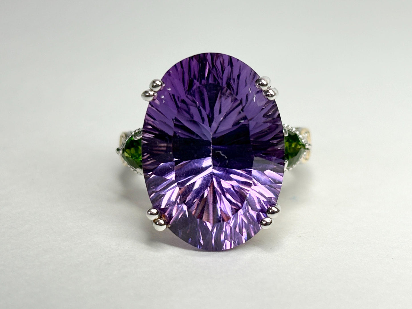 Huge Amethyst and Chrome Diopside Statement Ring 2 Tone Sterling Silver size 8 - NewLifeJewelryVault