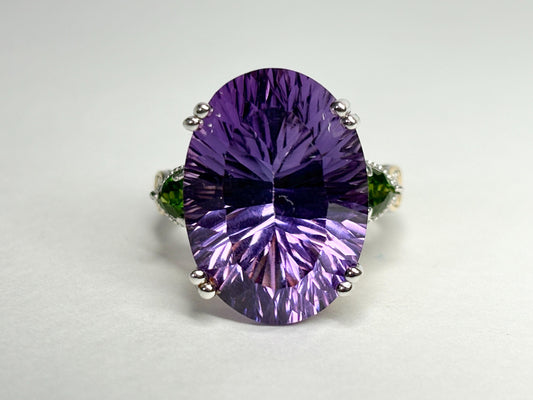 Huge Amethyst and Chrome Diopside Statement Ring 2 Tone Sterling Silver size 8 - NewLifeJewelryVault