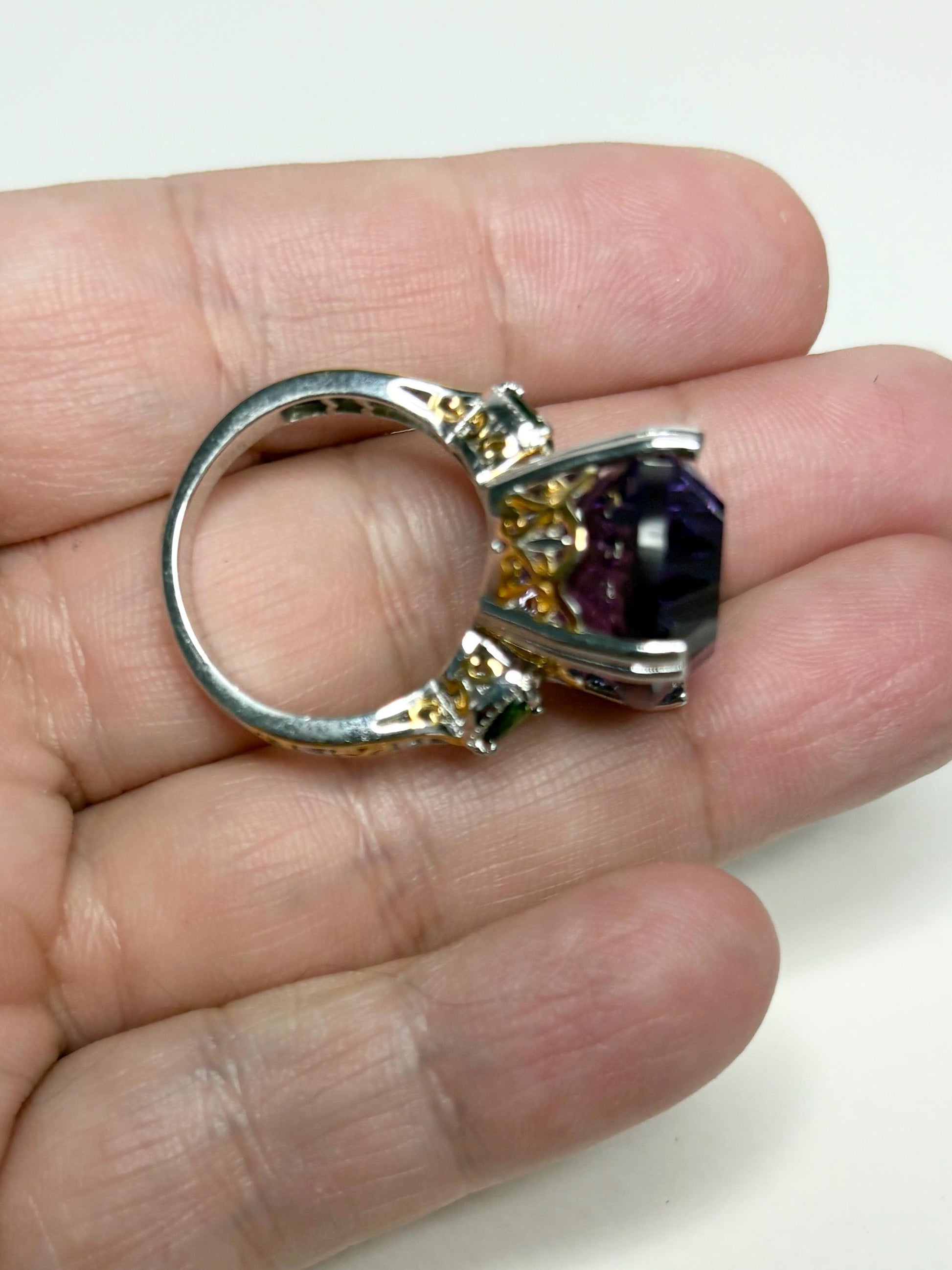 Huge Amethyst and Chrome Diopside Statement Ring 2 Tone Sterling Silver size 8 - NewLifeJewelryVault
