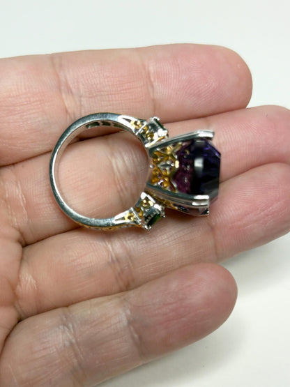 Huge Amethyst and Chrome Diopside Statement Ring 2 Tone Sterling Silver size 8 - NewLifeJewelryVault