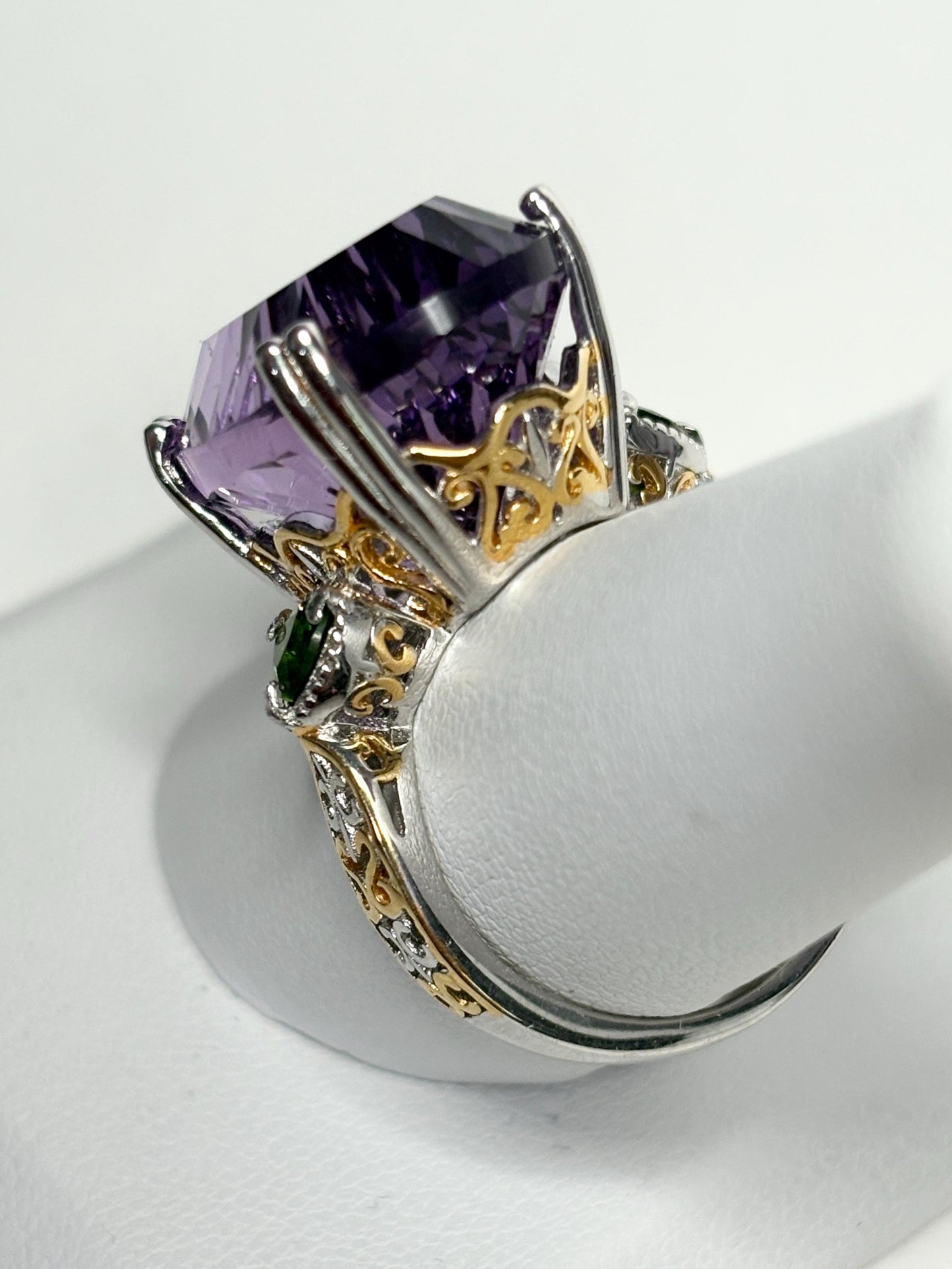 Huge Amethyst and Chrome Diopside Statement Ring 2 Tone Sterling Silver size 8 - NewLifeJewelryVault