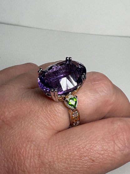 Huge Amethyst and Chrome Diopside Statement Ring 2 Tone Sterling Silver size 8 - NewLifeJewelryVault