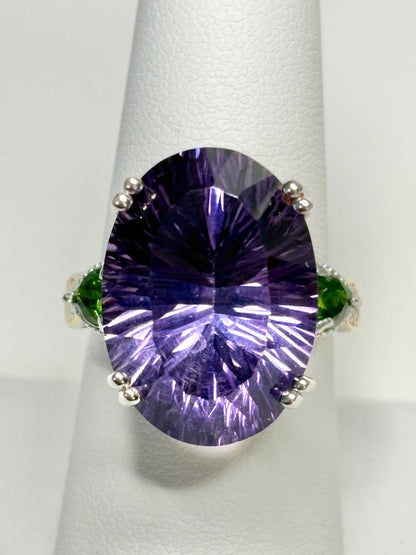 Huge Amethyst and Chrome Diopside Statement Ring 2 Tone Sterling Silver size 8 - NewLifeJewelryVault