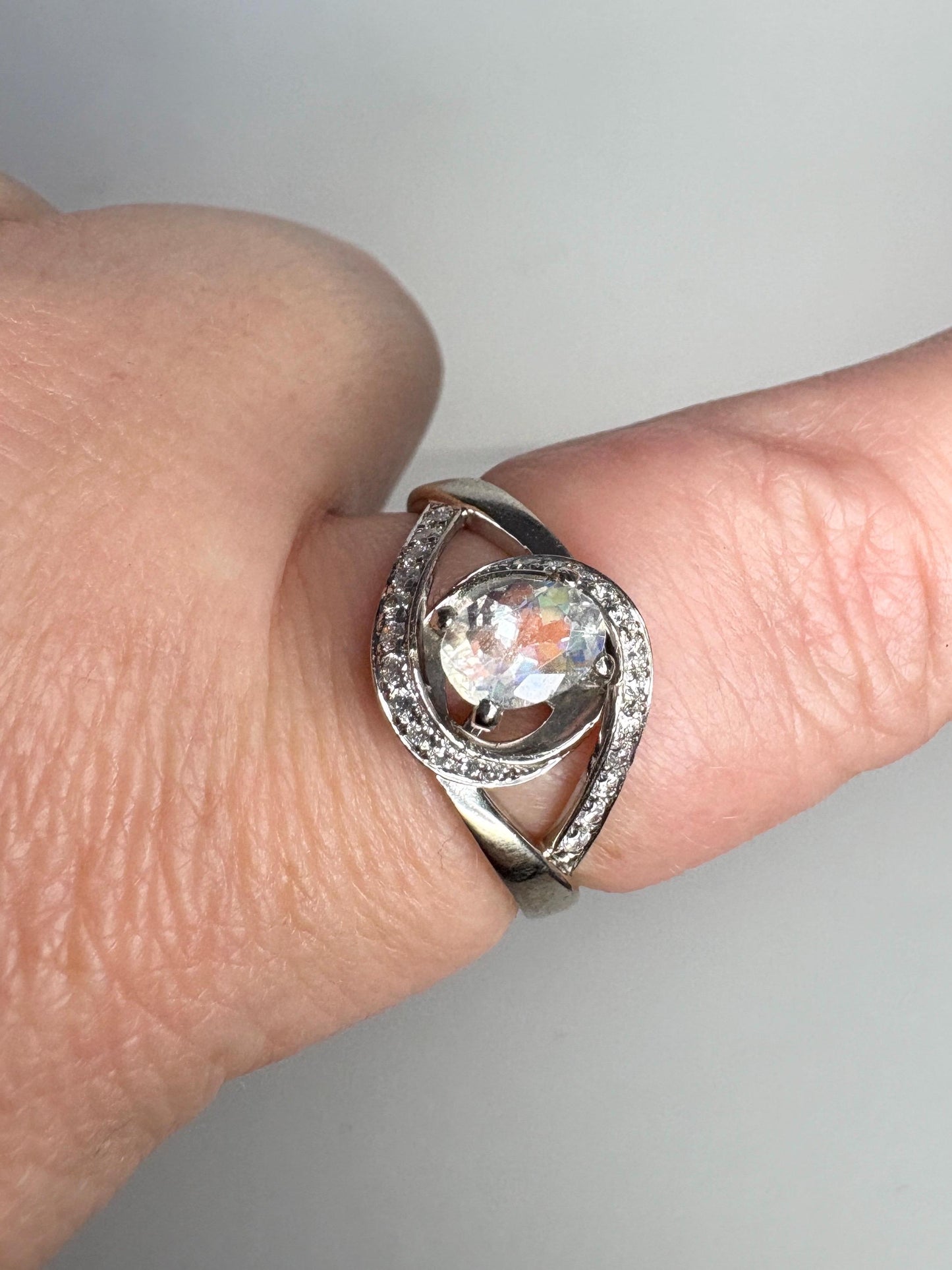 Madagascar Rainbow Moonstone Diamond Bypass Shane Co Ring Solid 14k White Gold size 8.25 - NewLifeJewelryVault