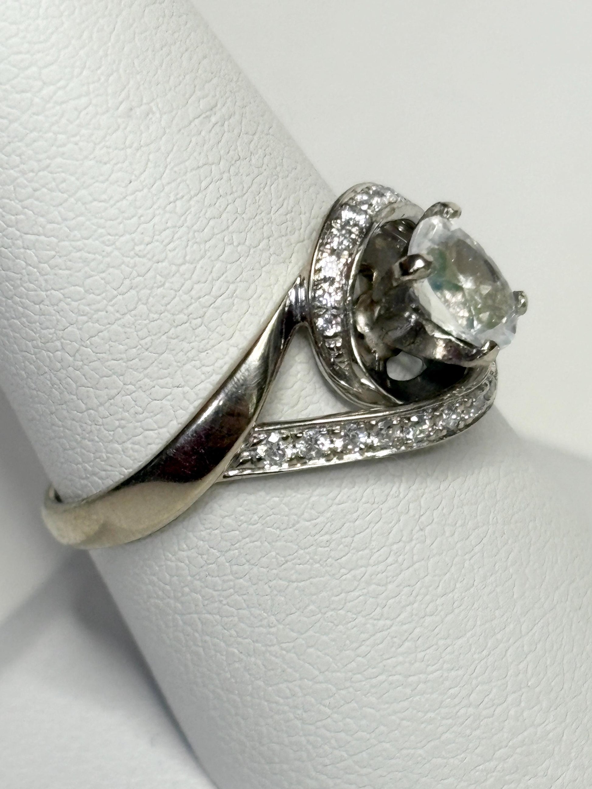 Madagascar Rainbow Moonstone Diamond Bypass Shane Co Ring Solid 14k White Gold size 8.25 - NewLifeJewelryVault