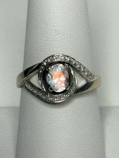 Madagascar Rainbow Moonstone Diamond Bypass Shane Co Ring Solid 14k White Gold size 8.25 - NewLifeJewelryVault