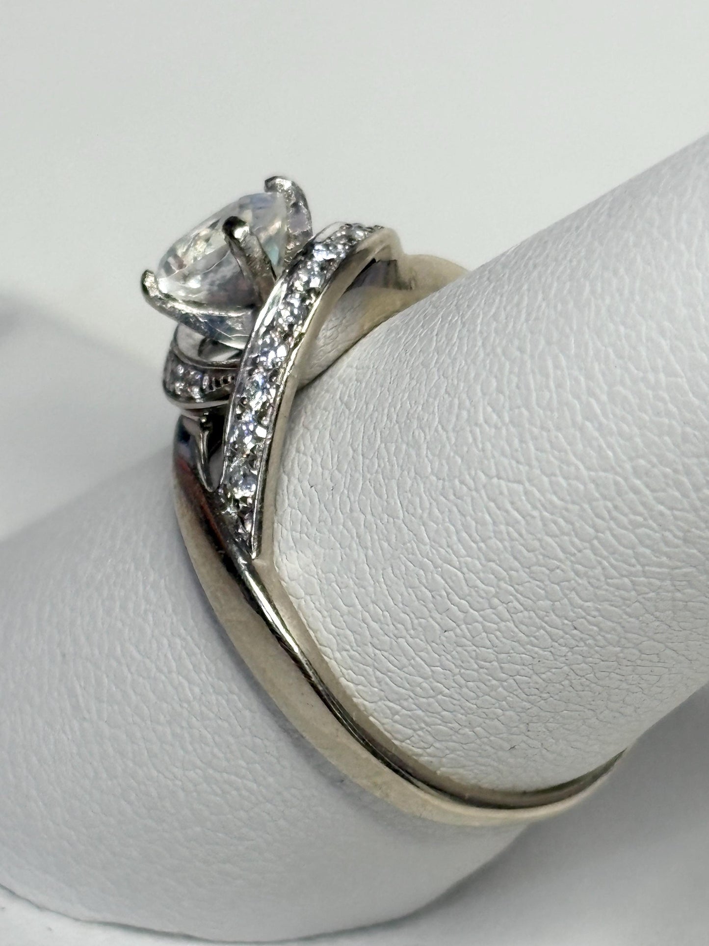 Madagascar Rainbow Moonstone Diamond Bypass Shane Co Ring Solid 14k White Gold size 8.25 - NewLifeJewelryVault