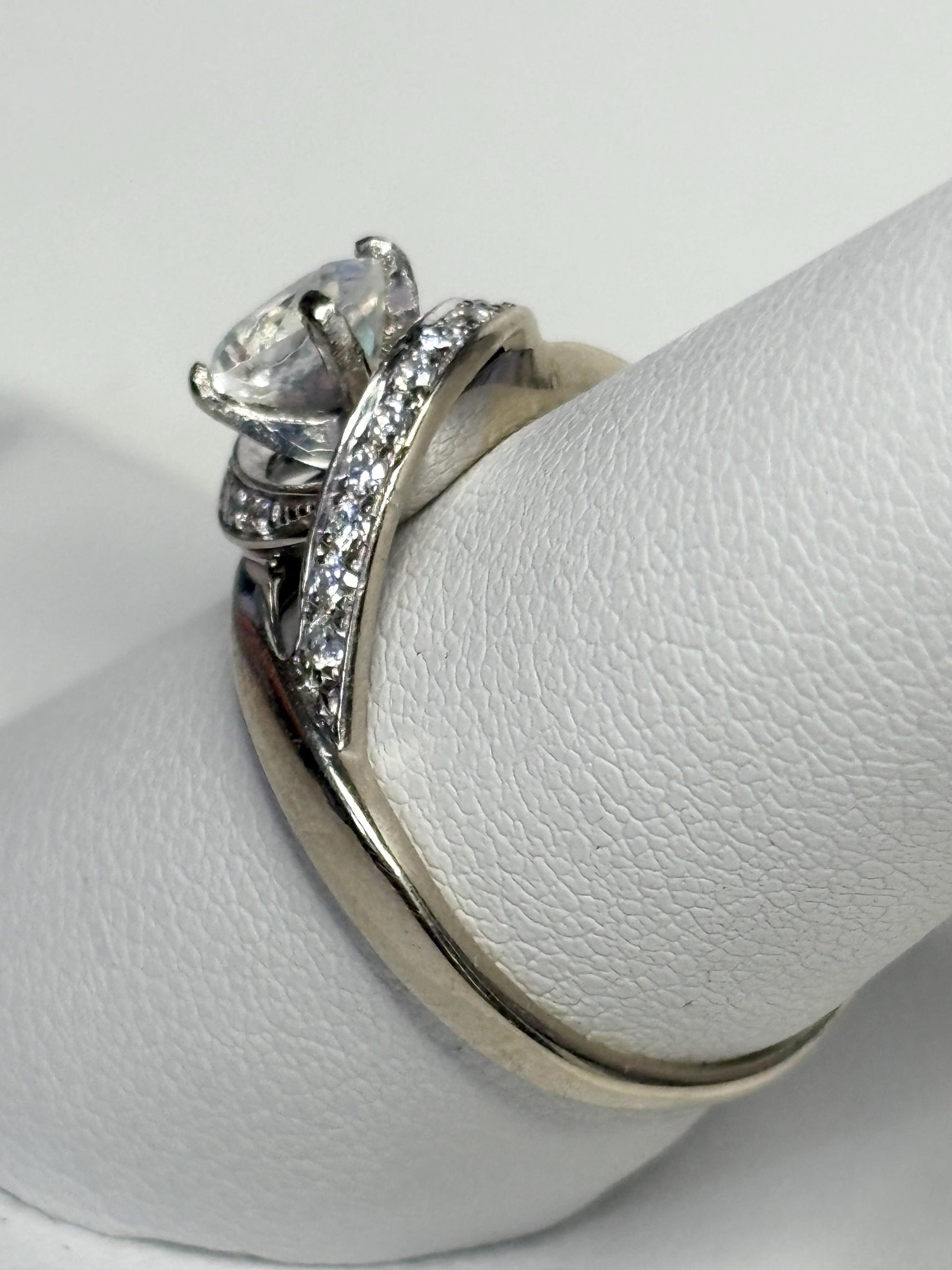 Madagascar Rainbow Moonstone Diamond Bypass Shane Co Ring Solid 14k White Gold size 8.25 - NewLifeJewelryVault