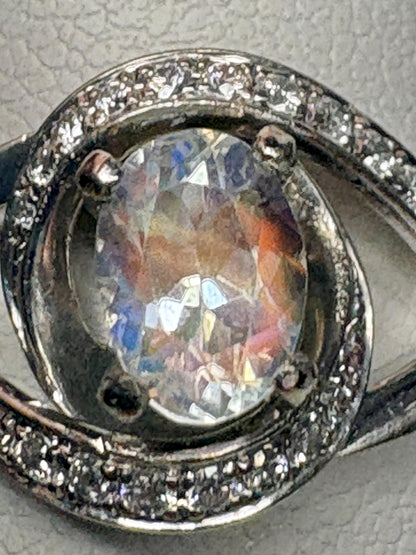Madagascar Rainbow Moonstone Diamond Bypass Shane Co Ring Solid 14k White Gold size 8.25 - NewLifeJewelryVault