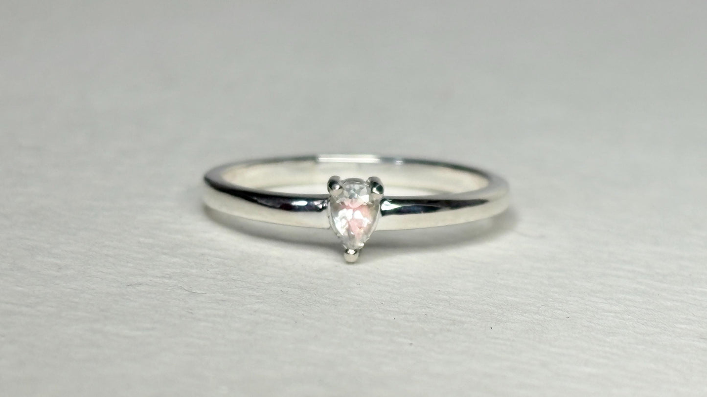 Madagascar Rainbow Moonstone Tear Pear Solitaire Ring in Sterling Silver size 7 - NewLifeJewelryVault