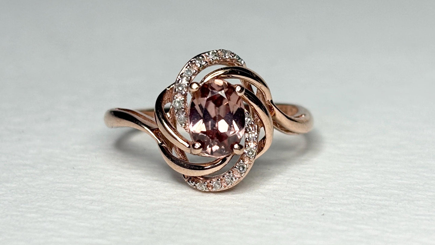 Natural Rose Pink Zircon and Diamond Swirl Ring Solid 10k Rose Gold size 6.75 - NewLifeJewelryVault