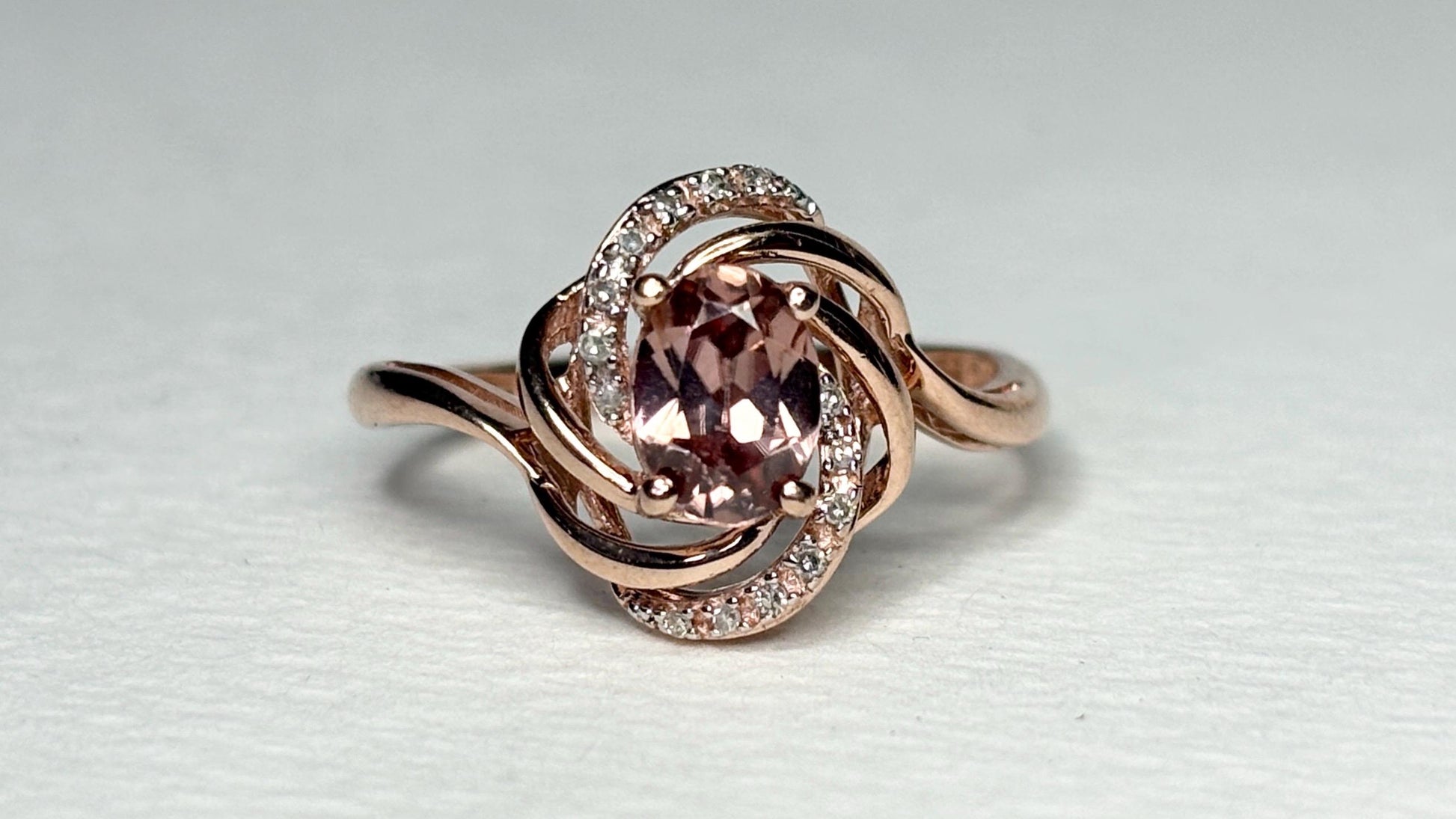 Natural Rose Pink Zircon and Diamond Swirl Ring Solid 10k Rose Gold size 6.75 - NewLifeJewelryVault