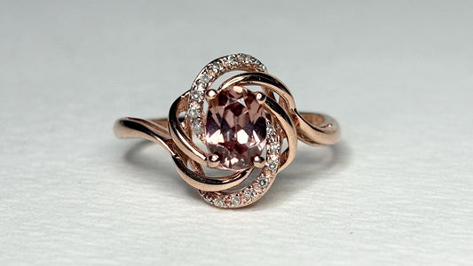 Natural Rose Pink Zircon and Diamond Swirl Ring Solid 10k Rose Gold size 6.75 - NewLifeJewelryVault