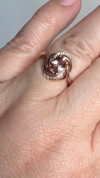 Natural Rose Pink Zircon and Diamond Swirl Ring Solid 10k Rose Gold size 6.75 - NewLifeJewelryVault