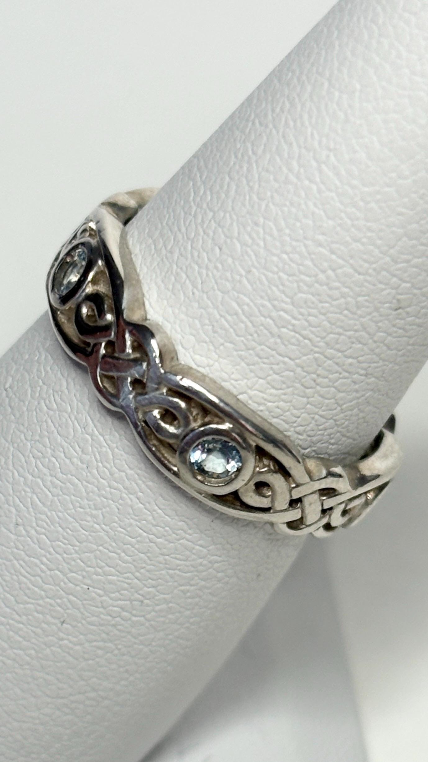 Celtic Blue Topaz Argentium Silver Band Ring size 6.25 - NewLifeJewelryVault