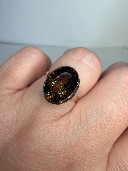 Vintage Arts and Crafts Ring with Fancy Cut Smokey Quartz Solid 10k Gold size 7.25 - NewLifeJewelryVault