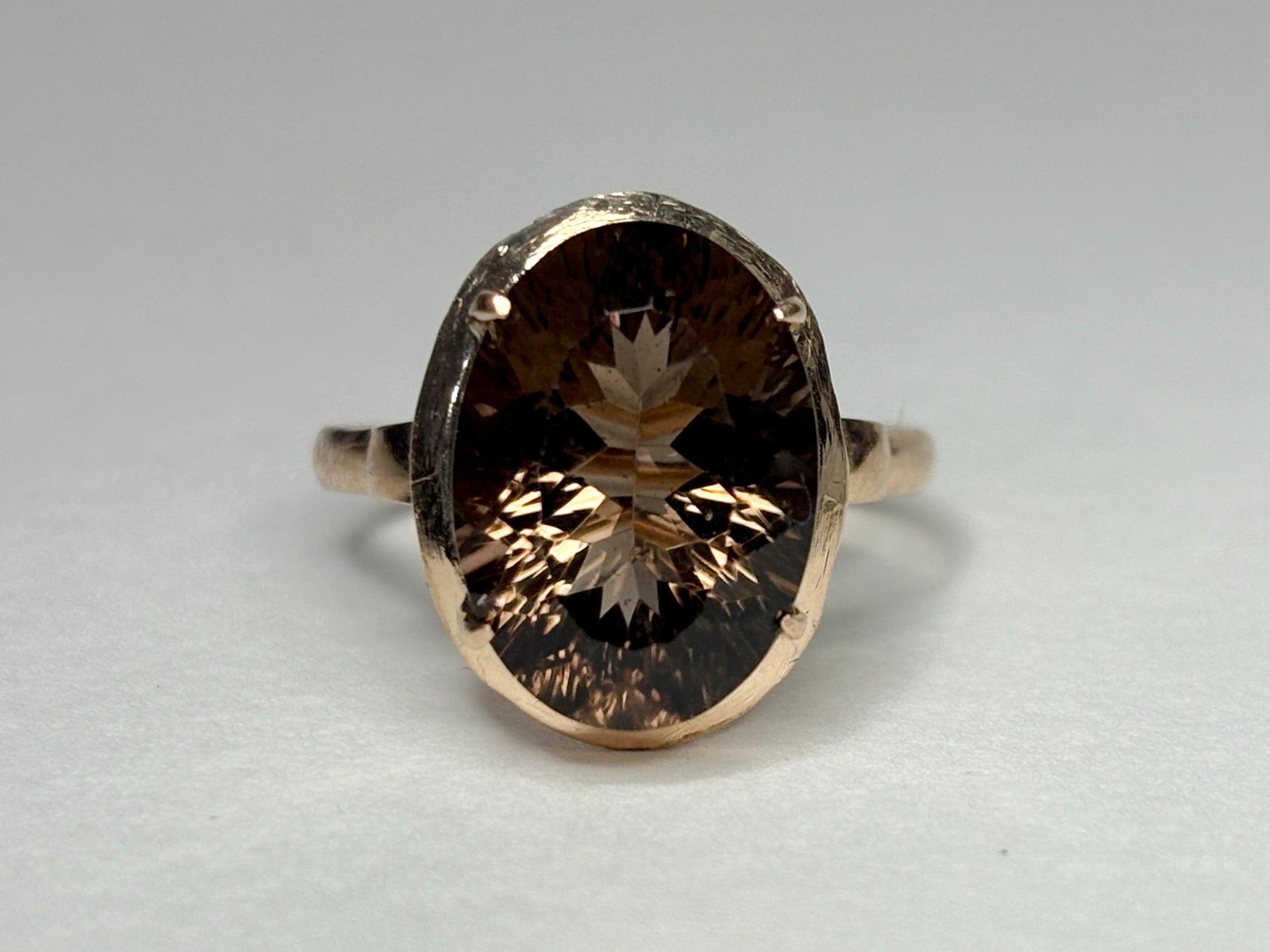 Vintage Arts and Crafts Ring with Fancy Cut Smokey Quartz Solid 10k Gold size 7.25 - NewLifeJewelryVault