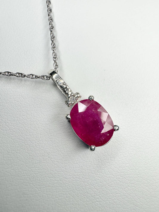 Ruby and Diamond Pendant Necklace Sterling Silver 18" - NewLifeJewelryVault