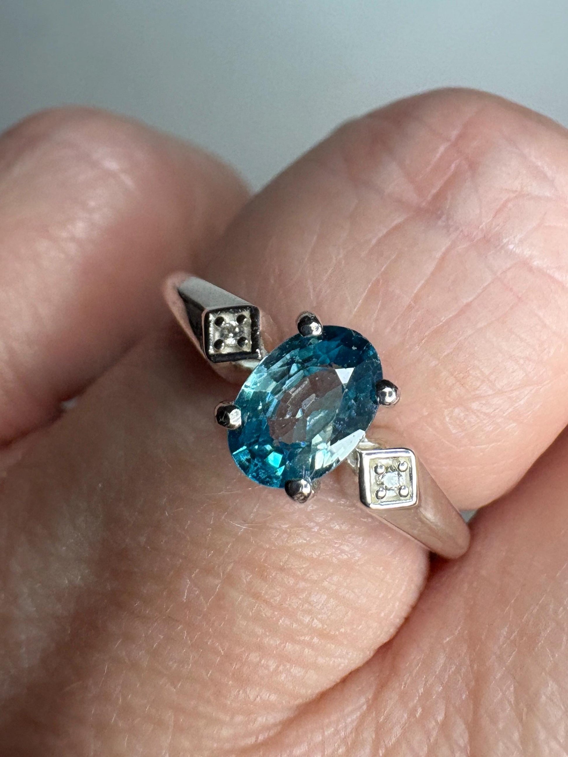 Blue and White Natural Zircon Ring Sterling Silver size 7 - NewLifeJewelryVault