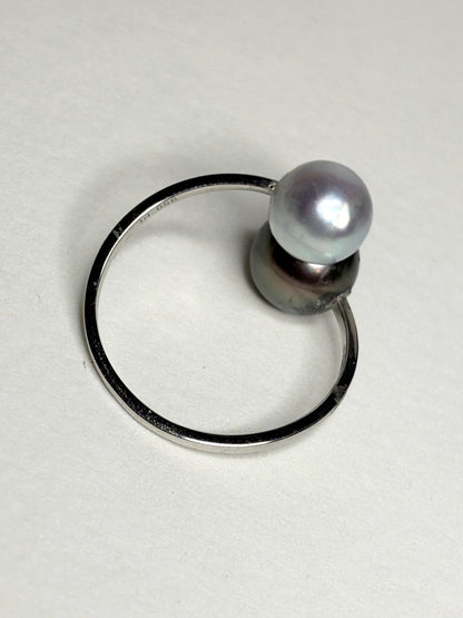 Tahitian and Blue Akoya Adjustable Solid Platinum Bypass Ring - NewLifeJewelryVault