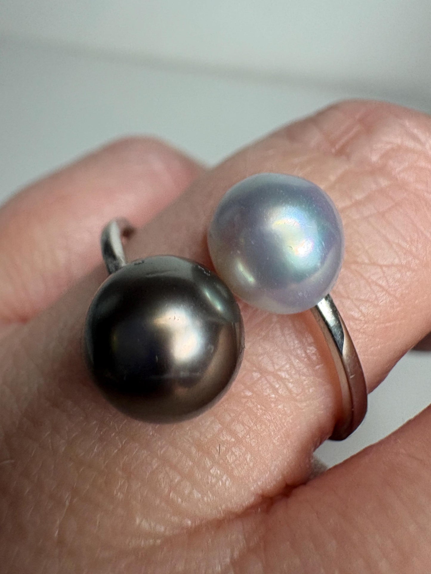 Tahitian and Blue Akoya Adjustable Solid Platinum Bypass Ring - NewLifeJewelryVault