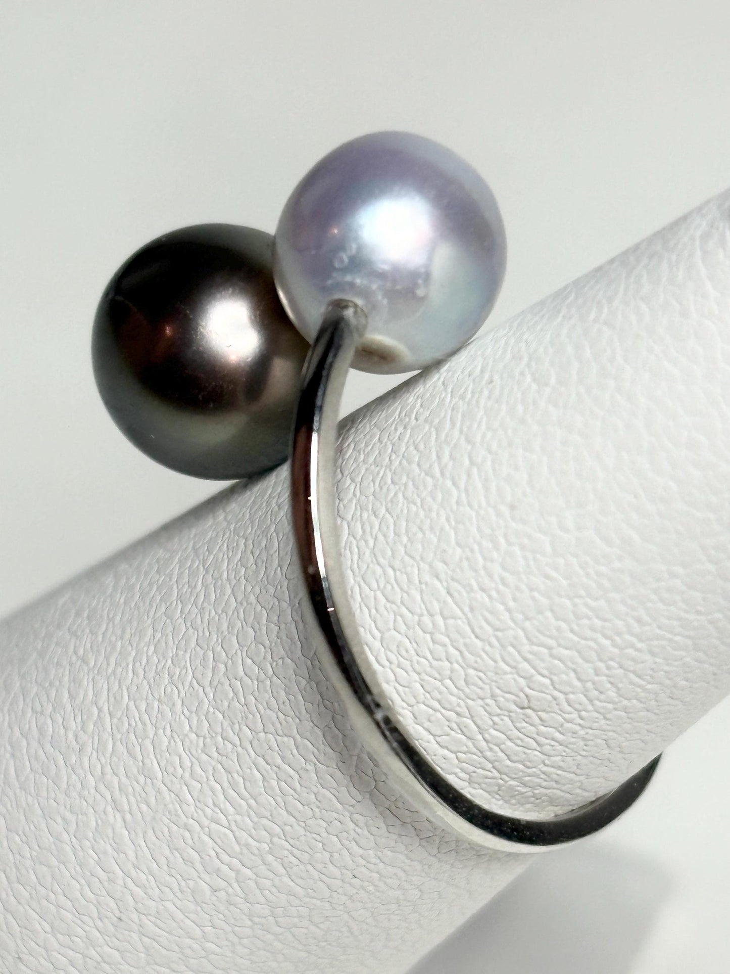 Tahitian and Blue Akoya Adjustable Solid Platinum Bypass Ring - NewLifeJewelryVault