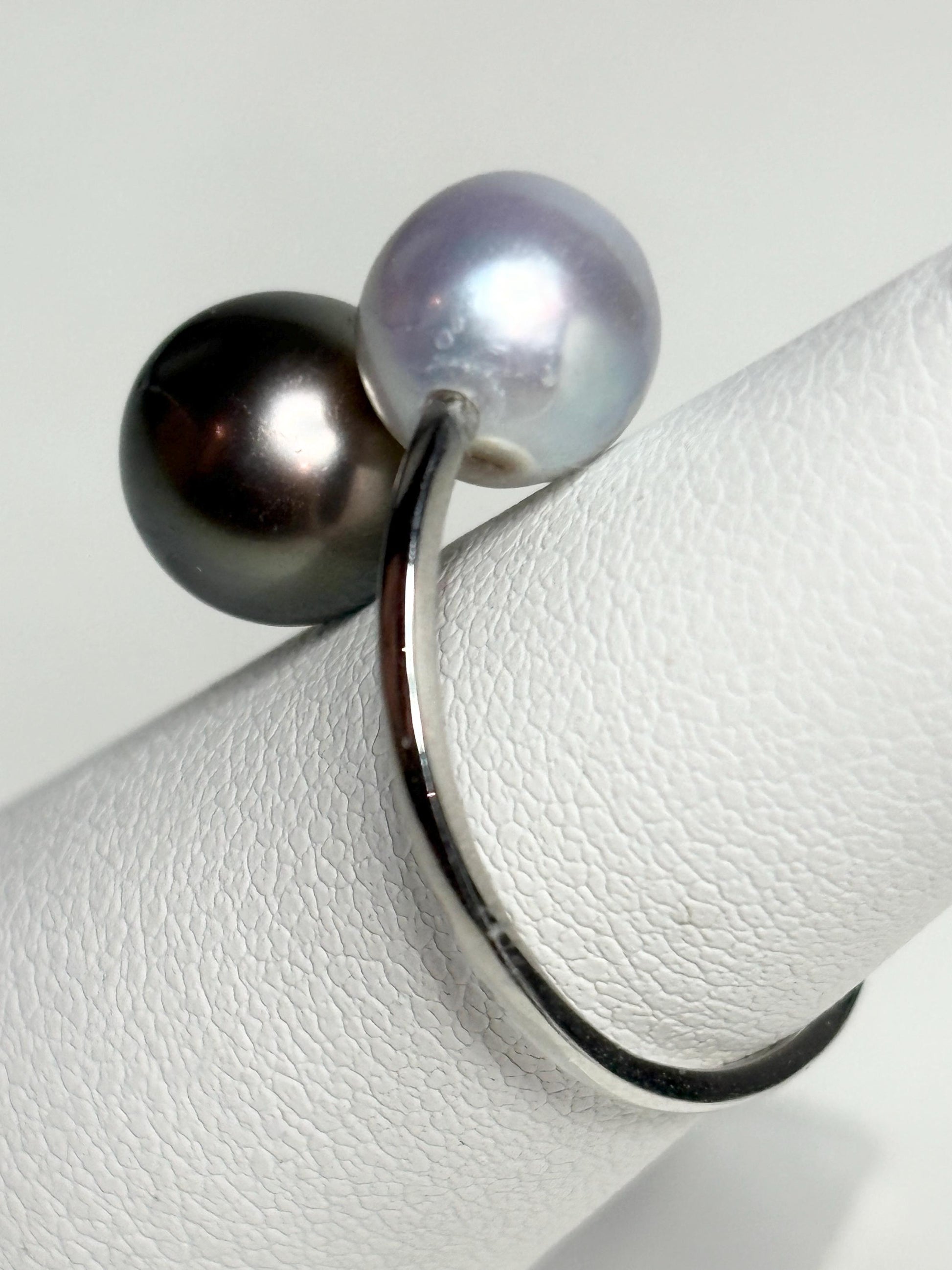 Tahitian and Blue Akoya Adjustable Solid Platinum Bypass Ring - NewLifeJewelryVault