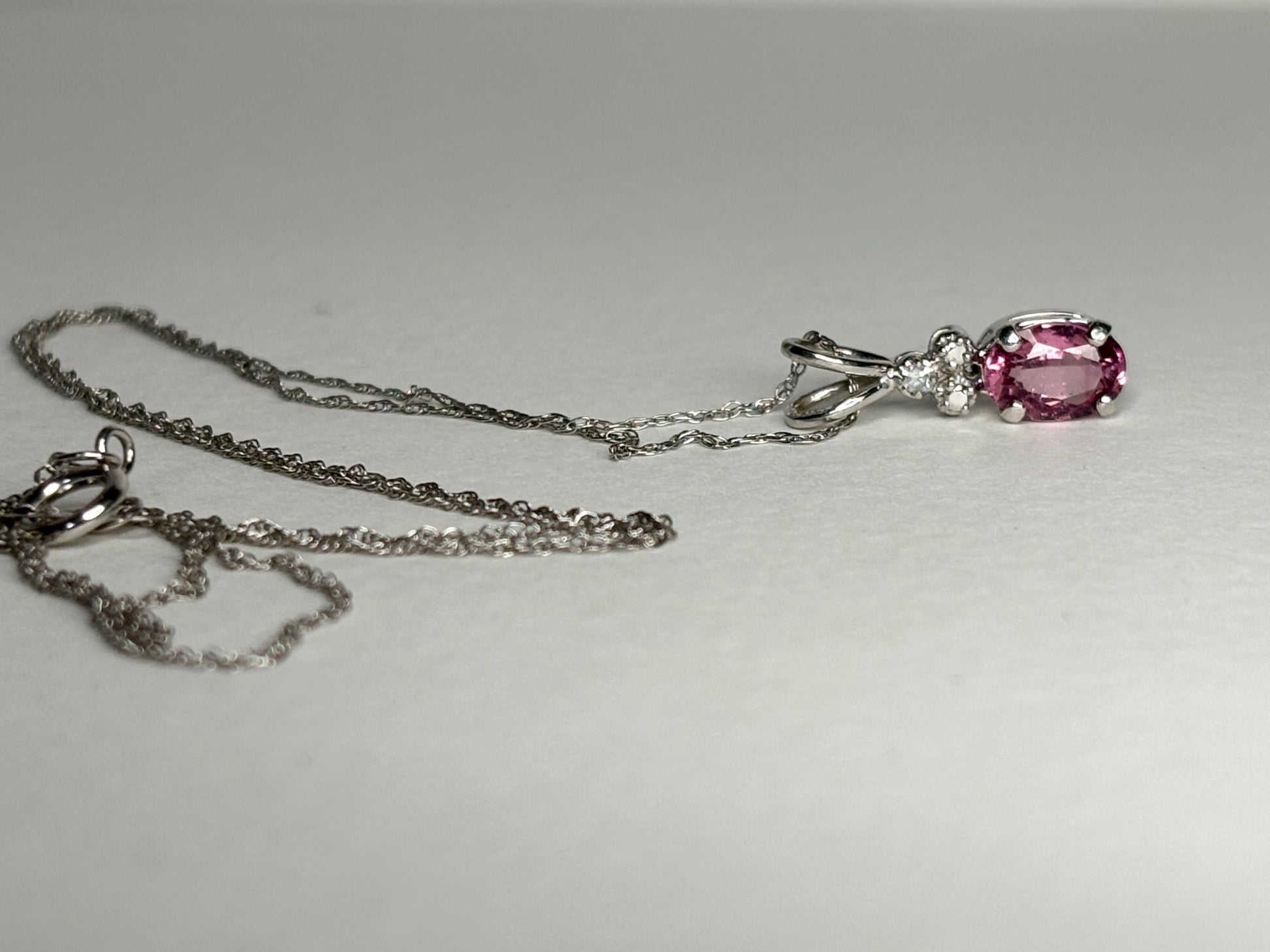Pink Tourmaline and Diamond Pendant 14k White Gold on 10k Chain 18" - NewLifeJewelryVault