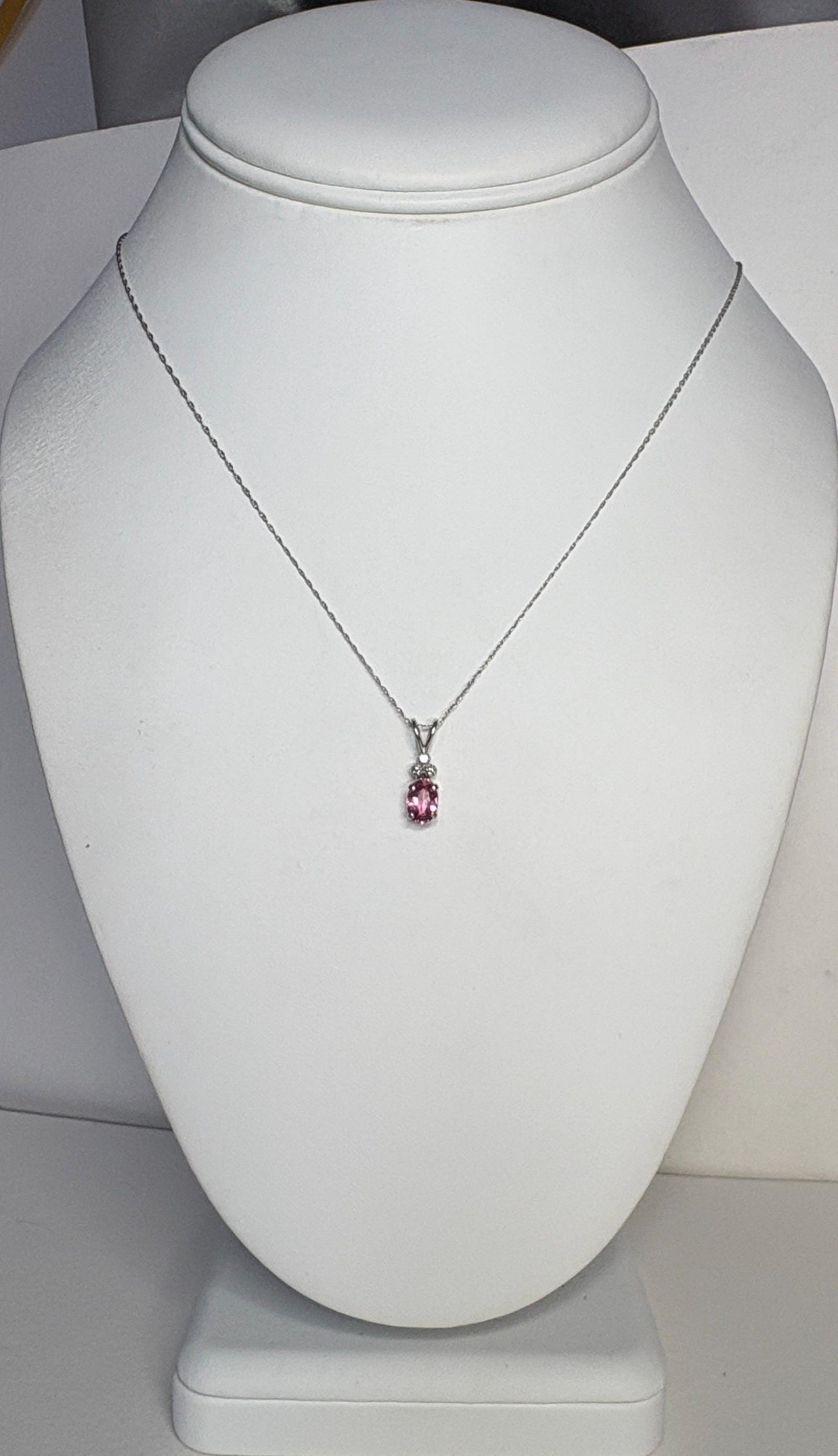 Pink Tourmaline and Diamond Pendant 14k White Gold on 10k Chain 18" - NewLifeJewelryVault