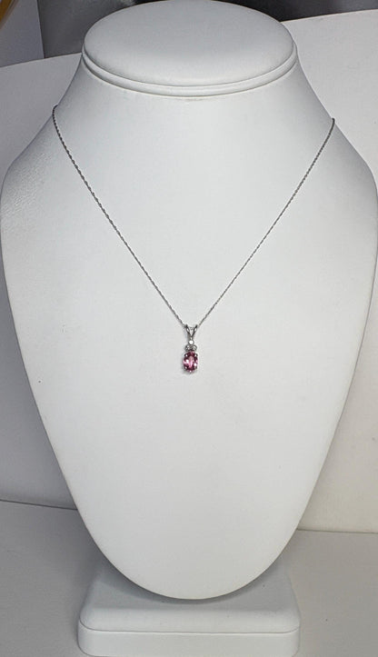 Pink Tourmaline and Diamond Pendant 14k White Gold on 10k Chain 18" - NewLifeJewelryVault