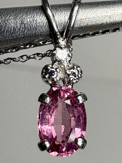 Pink Tourmaline and Diamond Pendant 14k White Gold on 10k Chain 18" - NewLifeJewelryVault