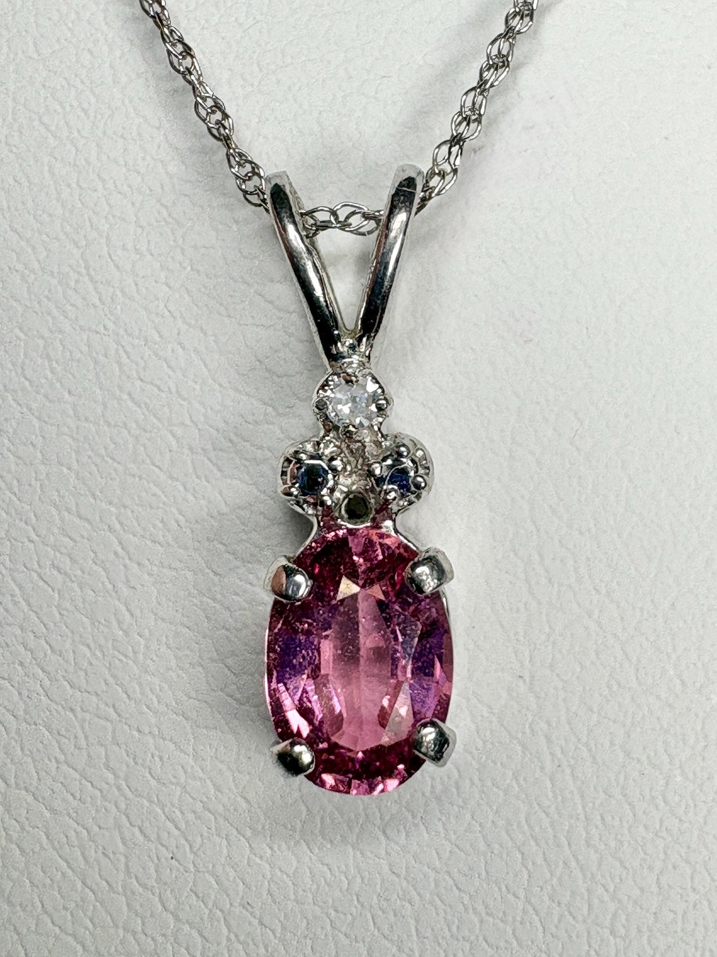 Pink Tourmaline and Diamond Pendant 14k White Gold on 10k Chain 18" - NewLifeJewelryVault