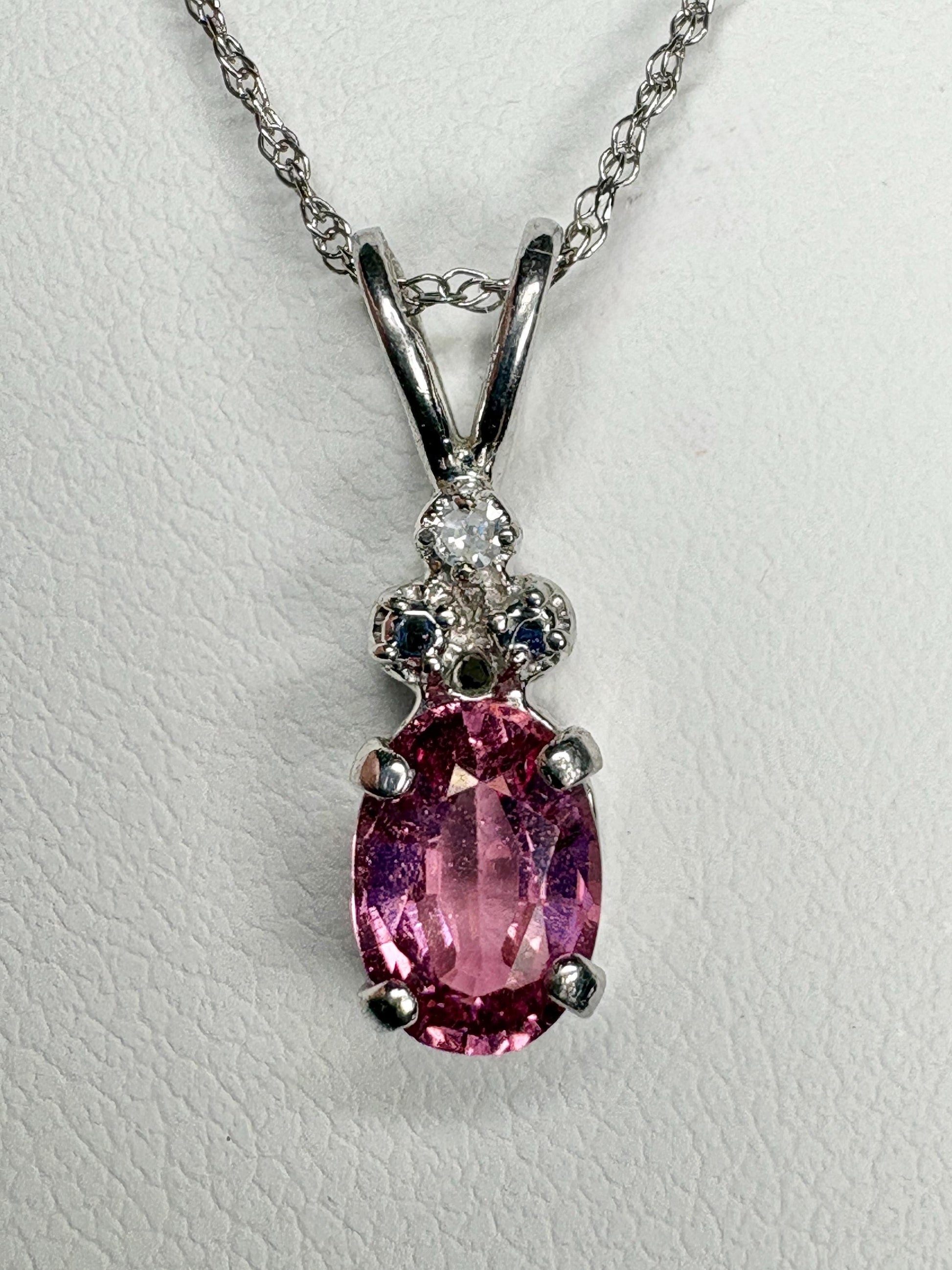 Pink Tourmaline and Diamond Pendant 14k White Gold on 10k Chain 18" - NewLifeJewelryVault
