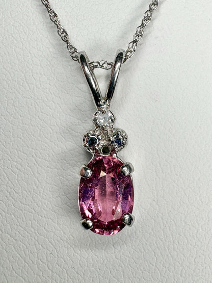 Pink Tourmaline and Diamond Pendant 14k White Gold on 10k Chain 18" - NewLifeJewelryVault