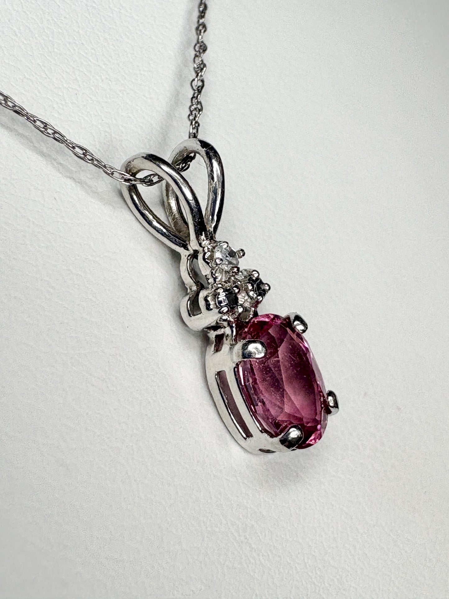 Pink Tourmaline and Diamond Pendant 14k White Gold on 10k Chain 18" - NewLifeJewelryVault