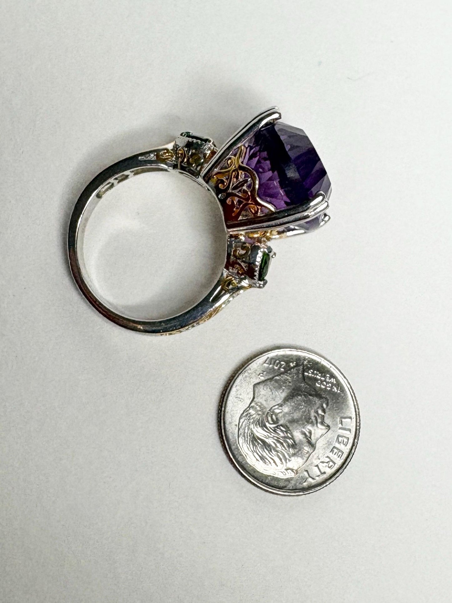 Huge Amethyst and Chrome Diopside Statement Ring 2 Tone Sterling Silver size 8 - NewLifeJewelryVault