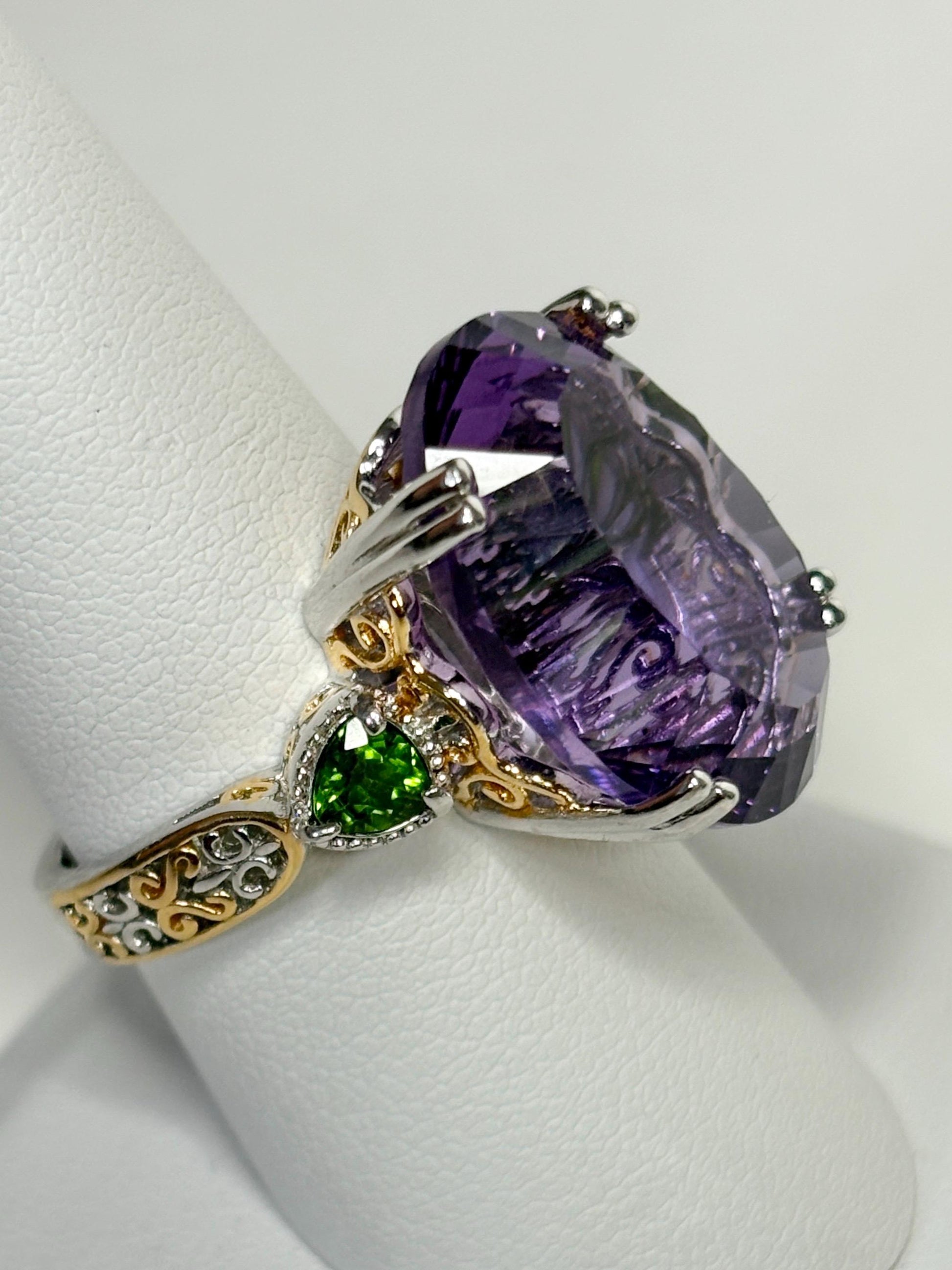Huge Amethyst and Chrome Diopside Statement Ring 2 Tone Sterling Silver size 8 - NewLifeJewelryVault