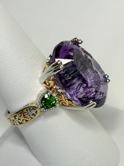 Huge Amethyst and Chrome Diopside Statement Ring 2 Tone Sterling Silver size 8 - NewLifeJewelryVault