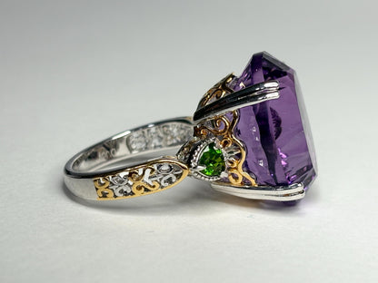 Huge Amethyst and Chrome Diopside Statement Ring 2 Tone Sterling Silver size 8 - NewLifeJewelryVault