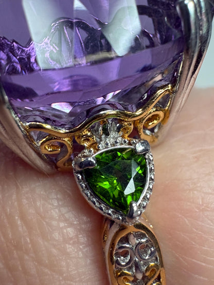 Huge Amethyst and Chrome Diopside Statement Ring 2 Tone Sterling Silver size 8 - NewLifeJewelryVault
