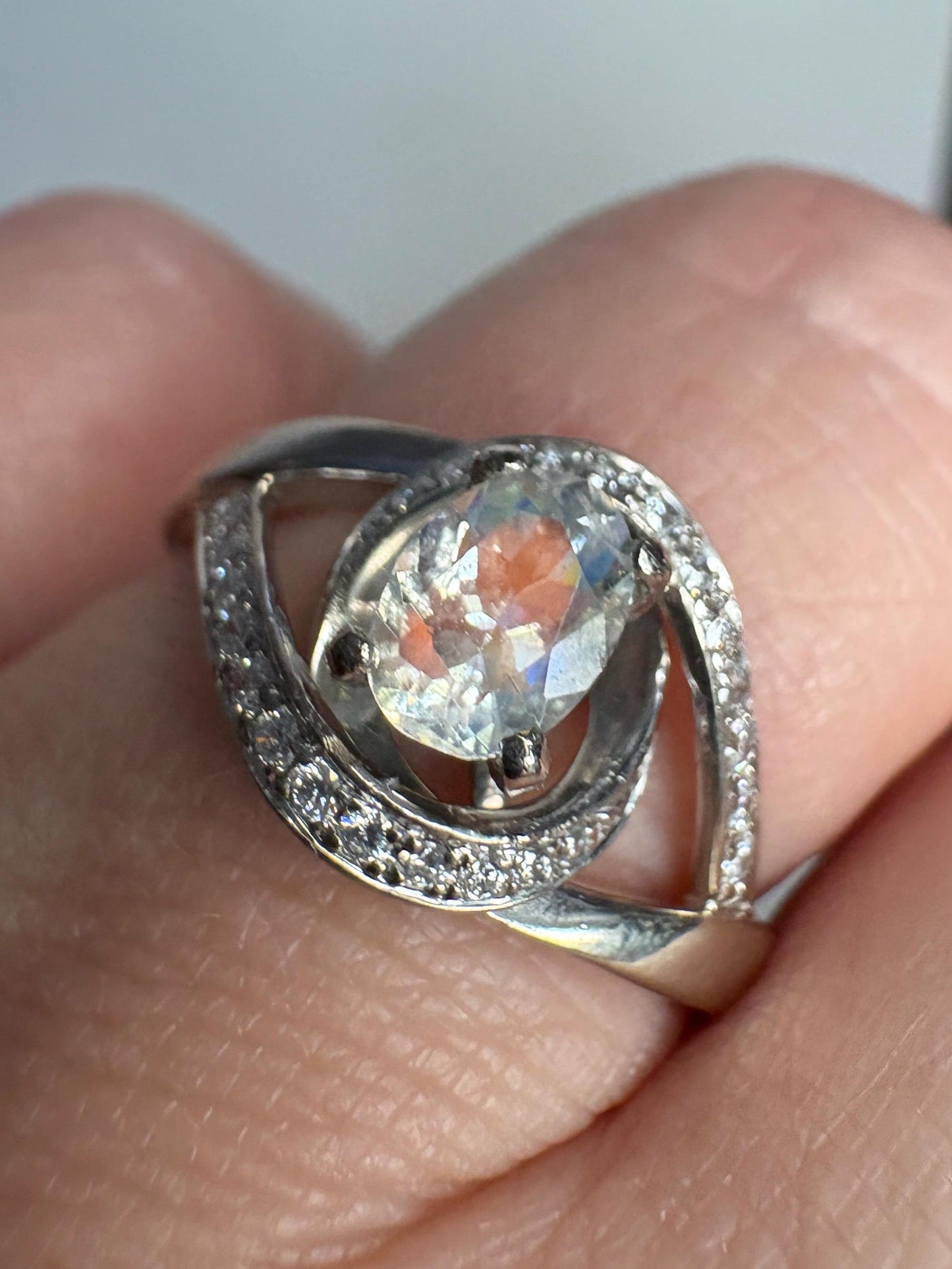 Madagascar Rainbow Moonstone Diamond Bypass Shane Co Ring Solid 14k White Gold size 8.25 - NewLifeJewelryVault