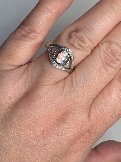 Madagascar Rainbow Moonstone Diamond Bypass Shane Co Ring Solid 14k White Gold size 8.25 - NewLifeJewelryVault